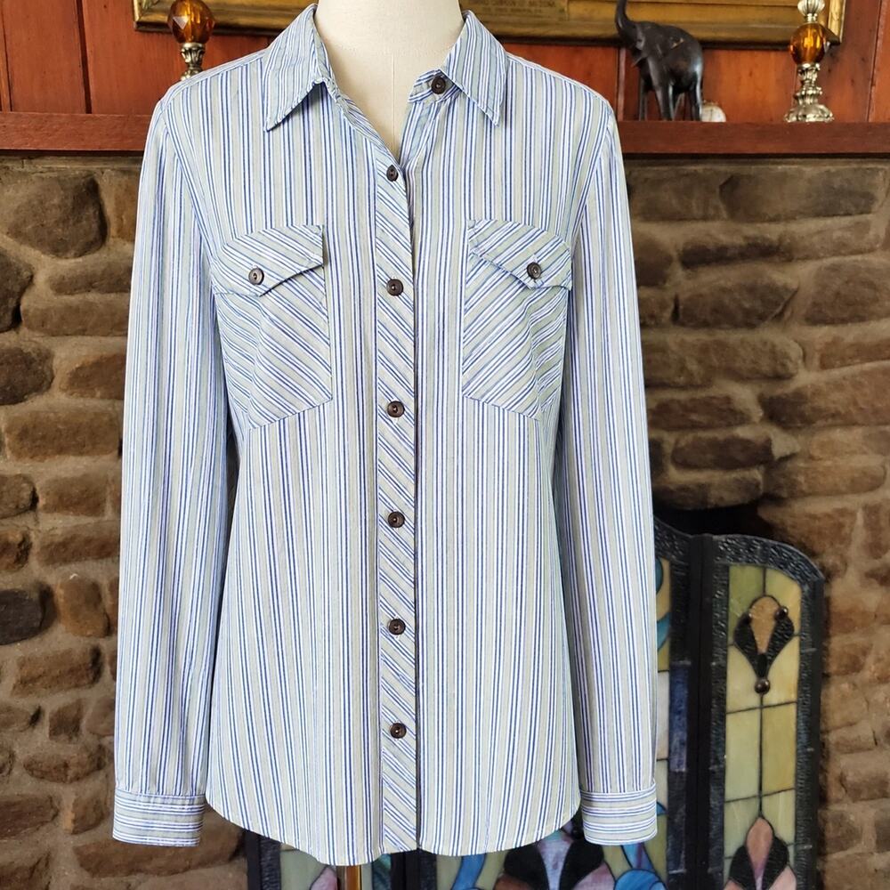 Chicos 100% Linen Blouse Size 3 XL Blue Green Striped Button Up Pocket Shirt